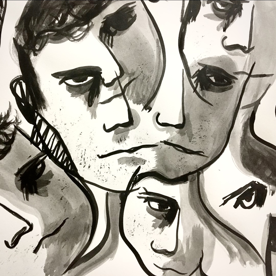 An ink on paper self portrait of Diego Bexar with many faces and wandering eyes.